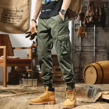 ins潮牌军绿色工装裤男2022春夏新款宽松束脚多口袋大码休闲长裤图片
