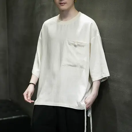夏季宽松亚麻t恤男七分袖改良汉服中国古风棉麻唐装半袖大码男装图片