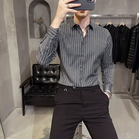高级感轻奢灰色条纹衬衫男士长袖韩版潮流帅气休闲寸衬衣修身免烫商品大图