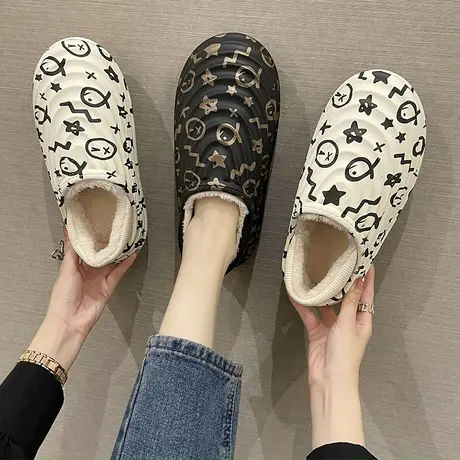 新款涂鸦防水棉拖鞋女包跟冬季保暖家居室内防滑可外穿厚底月子鞋商品大图