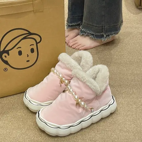 高帮棉拖鞋女冬季外穿时尚珍珠厚底防滑防水包跟加绒加厚保暖棉鞋商品大图