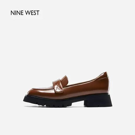 Nine West/玖熙方头乐福鞋女厚底春新款粗跟牛皮魔术贴单鞋格雷系图片