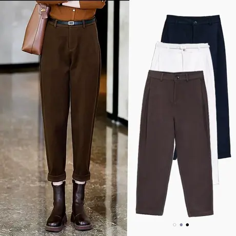 毛呢九分剪刀裤女秋冬高腰哈伦裤子2023春秋新款加绒加厚烟管裤子图片