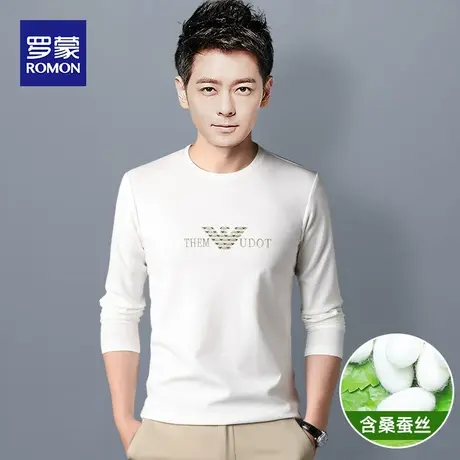罗蒙休闲长袖t恤男衫春秋款含桑蚕丝男士百搭T恤修身打底卫衣男潮图片