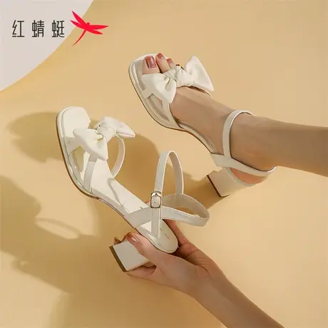红蜻蜓仙女风蝴蝶结凉鞋配裙子一字带露趾夏季女鞋白色粗跟高跟鞋商品大图