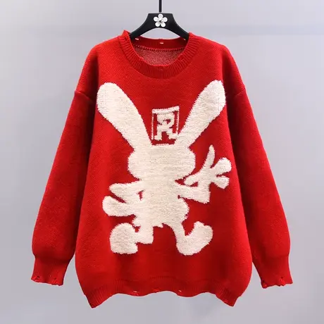 本命年兔年红色毛衣女秋冬2023新款宽松慵懒风中长款打底针织上衣商品大图