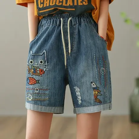 dza 高腰显瘦刺绣牛仔裤女2023夏季纯棉休闲裤宽松百搭短裤直筒裤商品大图