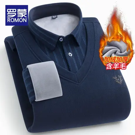 【含羊毛】罗蒙男士翻领针织衫2023秋冬加绒加厚假两件衬衫领毛衣商品大图