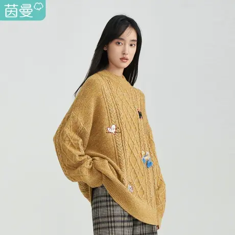 【商场同款】茵曼麻花女2022年冬季新款刺绣菱格宽松套头针织毛衣商品大图