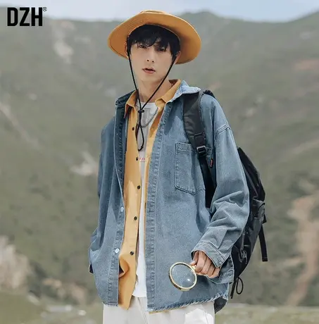 男士长袖牛仔衬衫男春秋款上衣男装2023新款休闲蓝色衬衣外套寸衫商品大图