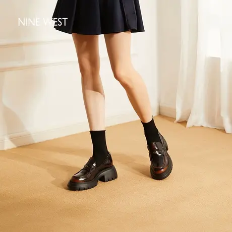 Nine West/玖熙曼特宁金币棕色厚底乐福鞋女2025夏季新款真皮单鞋图片