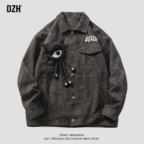 男士翻领刺绣牛仔夹克男外套春秋季男装2023新款黑色上衣宽松百搭商品大图