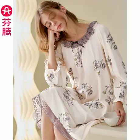 芬腾睡裙女春秋季新款纯棉长袖睡衣裙女款宽松休闲大码家居服中裙图片