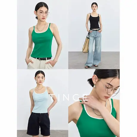 TINGE贴己美背交叉假两件吊带背心女夏季新款带胸垫文胸一体上衣图片