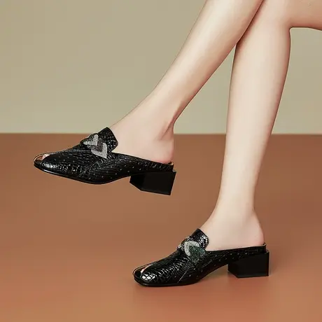 2023夏季新款真皮法式拖鞋女舒适软皮软底牛皮粗跟百搭时尚女鞋商品大图