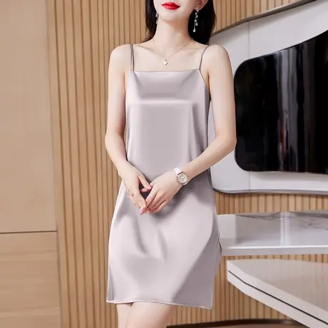 女士吊带睡裙夏季可外穿性感睡衣裙妈妈家居服法式丝绸缎面连衣裙商品大图