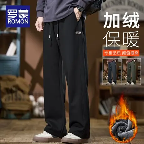 罗蒙加绒加厚卫裤子男士2025秋冬新款阔腿直筒华夫格运动休闲长裤商品大图