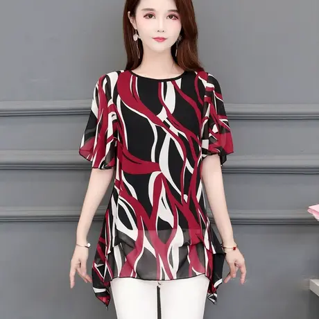 2023夏季新款印花短袖雪纺衫女中长款大码宽松胖MM遮肚子小衫女商品大图