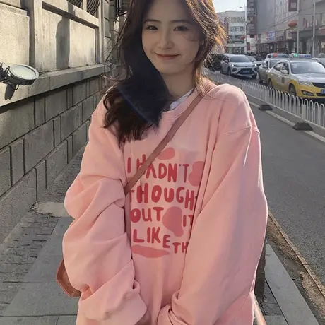 秋冬韩版chic胖mm粉色卫衣女oversize加绒加厚港风宽松潮ins上衣商品大图
