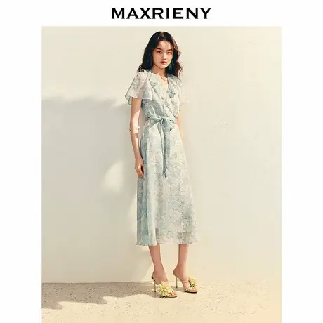 【奥莱】MAXRIENY蓝花收腰X型印花连衣裙图片