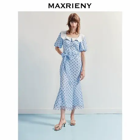 【奥莱】MAXRIENY法式复古感方领鱼尾连衣裙系带收腰波点长裙图片