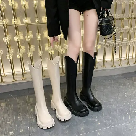 不过膝长筒骑士靴2023年新款春秋增高小个子女靴v口高筒显瘦长靴图片
