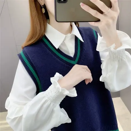 韩版学院风针织马甲背心女春秋外搭宽松2023新款V领坎肩外穿马夹商品大图
