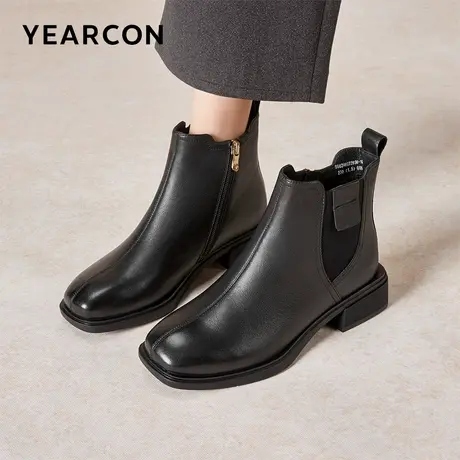 意尔康女鞋冬季休闲加绒短靴切尔西靴粗跟气质英伦显瘦复古及踝靴商品大图