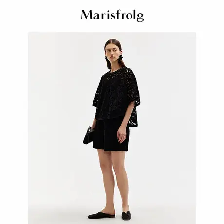 Marisfrolg玛丝菲尔裤质感黑色蕾丝高腰短裤图片
