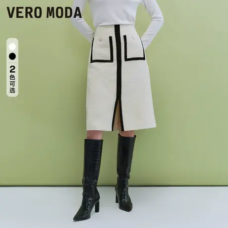 Vero Moda奥莱半身裙春秋新款优雅气质粗花呢黑白简约开衩职业裙图片