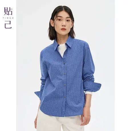 TINGE贴己长绒棉蓝白格修身纯棉复古减龄衬衫女秋季新款内搭上衣商品大图