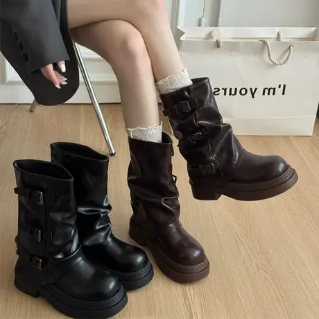 黑色马丁靴女款2025新款秋季英伦风中筒靴子厚底显瘦裤管堆堆短靴商品大图
