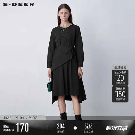sdeer圣迪奥春秋装女装圆领系带拼接小众设计长袖连衣裙S22161209图片