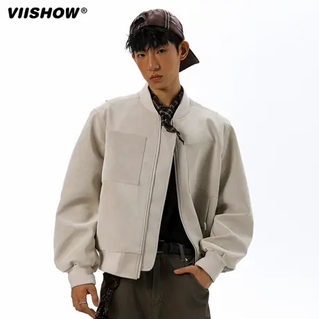 VIISHOW美式cleanfit工装皮衣男重磅扎染休闲夹克秋季新款棒球服商品大图
