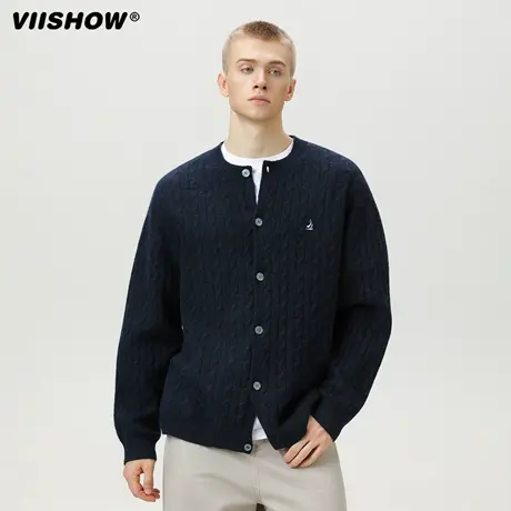 VIISHOW美式刺绣绞花圆领开衫毛衣男款秋季宽松休闲男生针织外套图片