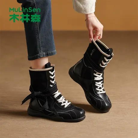 木林森靴子女2025新款爆款冬季舒适软底德训鞋厚底女士中筒时装靴图片