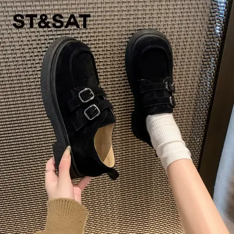 星期六真皮复古勃肯鞋女2026春季新款爆款英伦厚底双扣带百搭单鞋商品大图