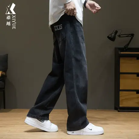 希越水洗做旧直筒牛仔裤男士秋冬季宽松大码加肥加大复古休闲裤子商品大图