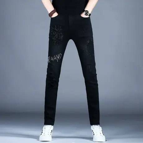 2023新款烫钻黑色牛仔裤男款小脚修身秋冬款美式高街裤子潮牌男商品大图