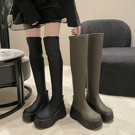 过膝靴女2023年春秋新款小个子粗腿英伦风显瘦靴子厚底增高骑士靴图片