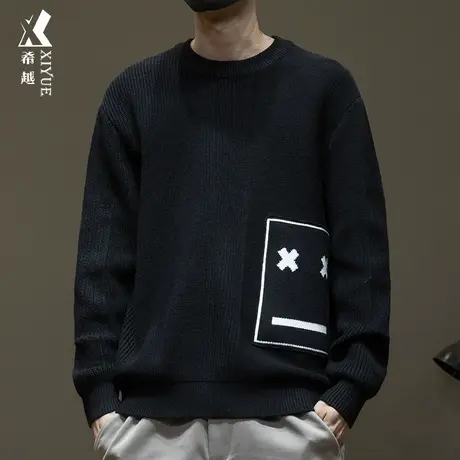 高弹圆领毛衣男冬季新款潮牌宽松大码男士针织衫拼接设计毛衫外套商品大图