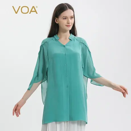 VOA30姆米重磅桑蚕丝V领单排多扣拼接乔其丝绸不规则袖真丝衬衫图片