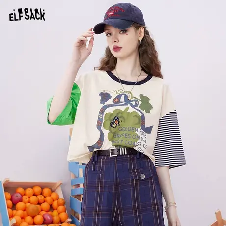 妖精的口袋印花短袖t恤女2023夏季新款圆领学院风半袖短款上衣商品大图