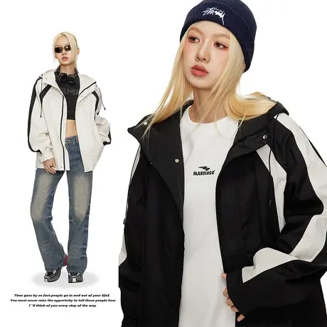 秋季户外连帽外套女ins潮牌2023新款复古拼接宽松情侣装运动夹克商品大图
