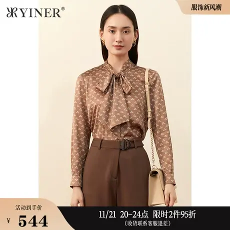 YINER音儿女装冬季蝴蝶结领印花桑蚕丝衬衫商品大图
