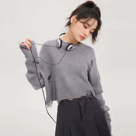 尔给设计感小众灰色短款辣妹破洞毛衣女早秋日系慵懒风复古高级感图片