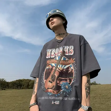 休闲复古潮流T恤男短袖2024年夏季新款潮牌纯棉美式重磅宽松上衣商品大图