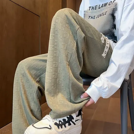 裤子男春秋季美式复古痞帅百搭宽松直筒裤垂坠感阔腿抽绳休闲长裤商品大图