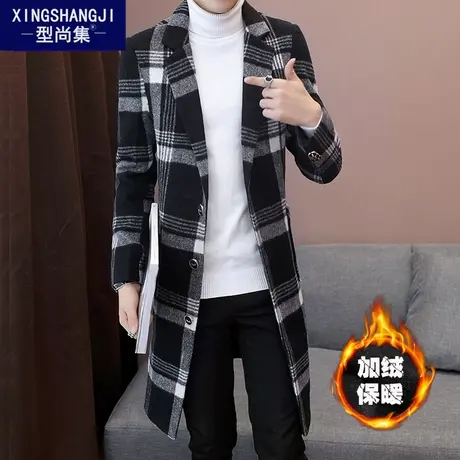 男士长款风衣冬季加绒加厚毛呢子大衣男青年韩版修身冬装保暖外套商品大图