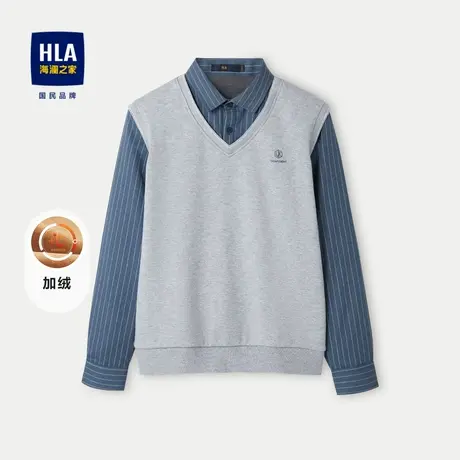 HLA/海澜之家提花纹理针织衫23秋冬新款假两件加绒加厚保暖毛衣男商品大图